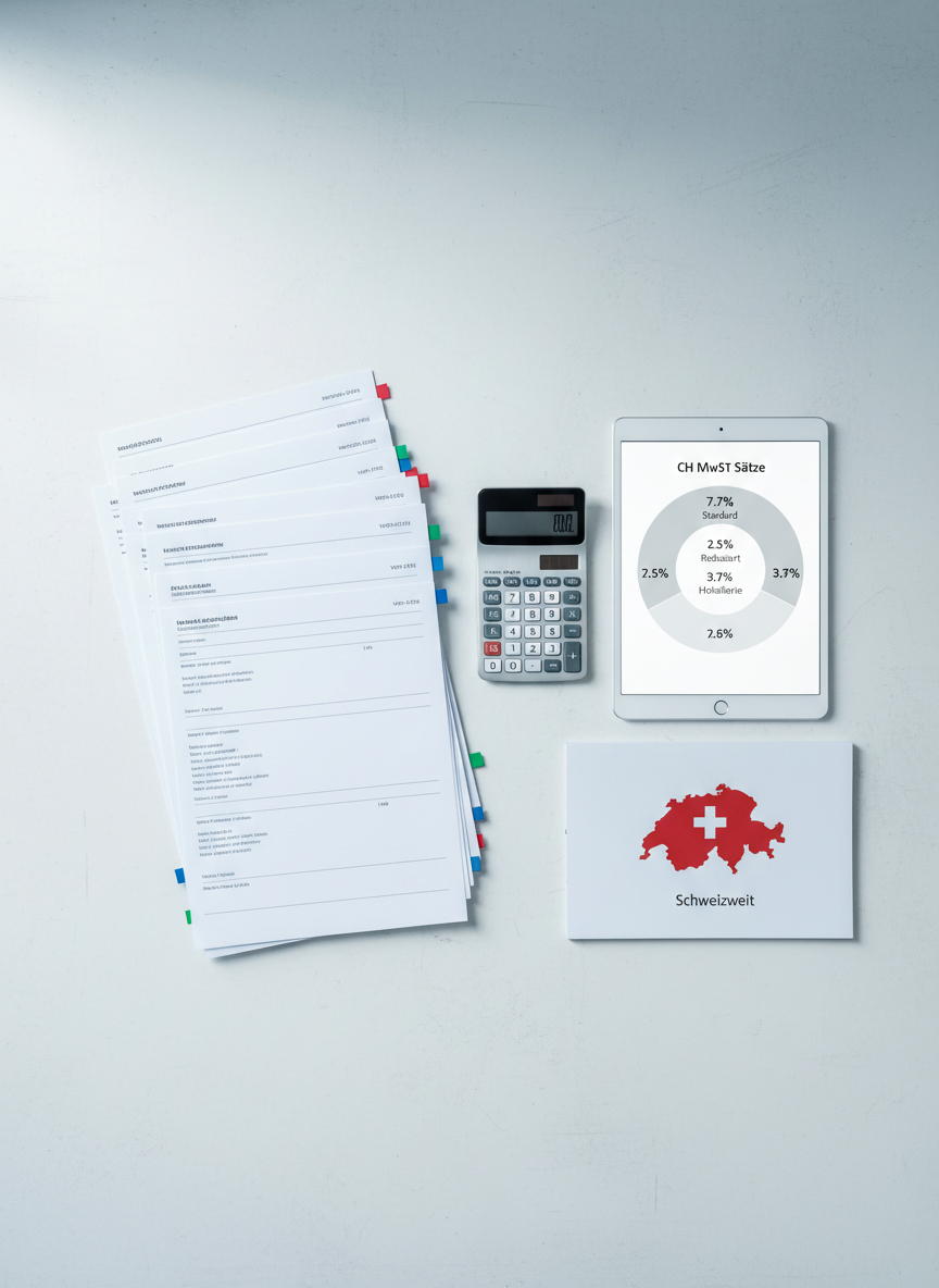 A minimalist, photographic composition illustrating Swiss Mehrwertsteuer support: a clean white desk with a pale concrete texture hosts a carefully arranged stack of invoices, each with colored tabs marking VAT-relevant sections, next to a slim, modern calculator and a sleek tablet showing a simplified tax rate diagram. A small red-and-white map outline of Switzerland appears on a nearby notepad as a printed graphic, hinting at nationwide service. Cool, even daylight from above and slightly to the left produces soft, shadowless illumination, highlighting the precision of the paperwork. Captured from a top-down, bird’s-eye perspective with sharp focus across the frame, the image feels structured, transparent, and efficient, ideal for explaining professional VAT compliance and reporting.