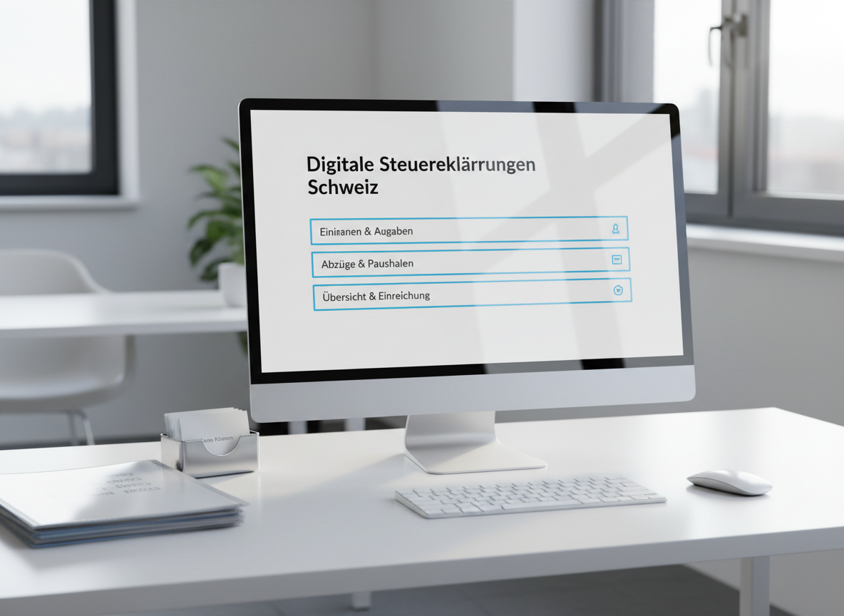 A bright, photographic scene focusing on digital Steuererklärungen: a high-resolution monitor on a clean white desk displays a simplified tax return interface with clearly segmented sections and crisp blue accents, while a wireless keyboard and mouse rest symmetrically in front. Next to the monitor lies a neatly stacked pile of labeled documents in transparent sleeves, and a small, elegant metal card holder symbolizing organized client data. Soft morning light enters from a window on the right, reflected subtly on the screen and the smooth matte surface of the desk, creating a fresh, motivated atmosphere. Shot at eye level with a balanced, centered composition and moderate depth of field, the mood is clear, structured, and supportive, emphasizing remote, digital tax declaration services for entrepreneurs across Switzerland.