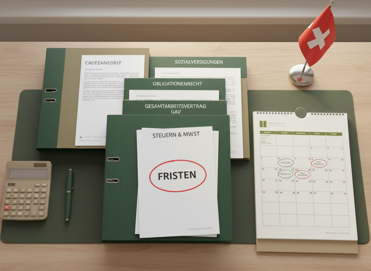 A professional and clean flat-lay or desk composition showing Swiss legal and financial documents. Include visible labels or papers referencing: Sozialversicherungen, Obligationsrecht, Gesamtarbeitsvertrag GAV, Steuern, MWST, Fristen. Show a modern desk with organized documents, a calendar with deadlines marked, a pen, a calculator, and a Swiss flag subtly in the background. Warm beige and dark green color tones. Professional, trustworthy atmosphere.