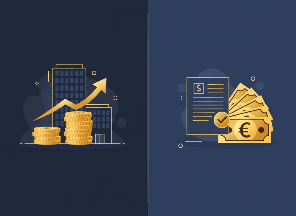Professional Swiss financial illustration for a Dividende VS Bonus presentation. Clean split composition divided by a thin vertical gold line in the center. Left half: dividend concept — stacked gold coins, upward trending chart arrow, corporate building silhouette, dark navy background. Right half: bonus concept — salary document, fanned euro banknotes, checkmark icon, slightly lighter navy background. Gold accent elements throughout. Flat modern vector illustration style. No text, no labels, no numbers, no letters anywhere in the image. Premium corporate aesthetic.