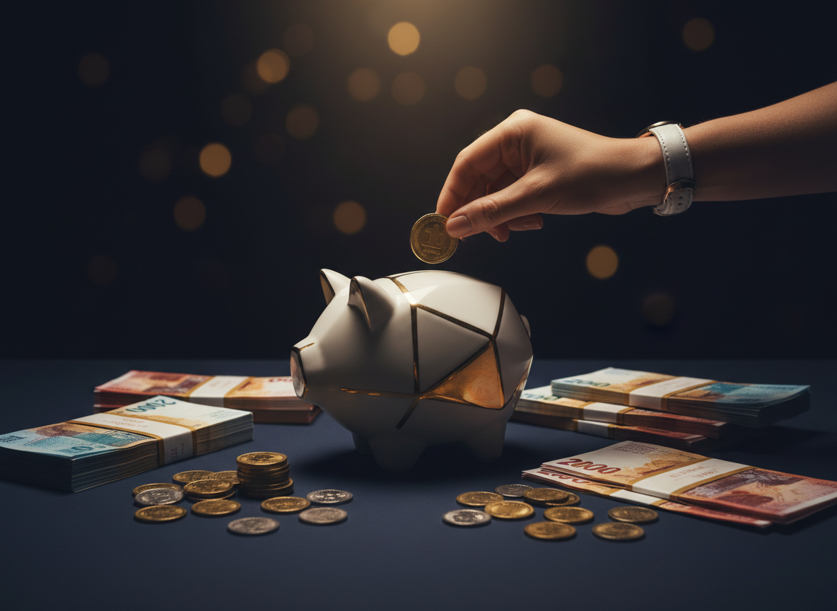 A premium Swiss financial photo-realistic illustration for "Steuern sparen" (tax saving). Cinematic close-up of stacked gold CHF coins and crisp Swiss franc banknotes arranged elegantly on a dark navy surface. Warm golden light from the left casting soft shadows. A subtle downward arrow made of light suggests falling taxes. Deep dark navy background (#1a2035), rich gold tones (#b8962e). Shallow depth of field, premium luxury feel. No text, no numbers, no labels anywhere.